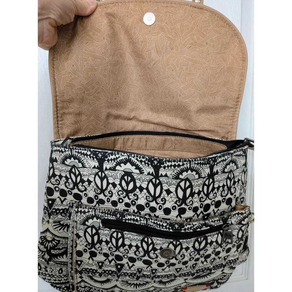 Sakroots Black & Tan Convertible Messenger Crossbody Hippie Peace Bohemian Bag